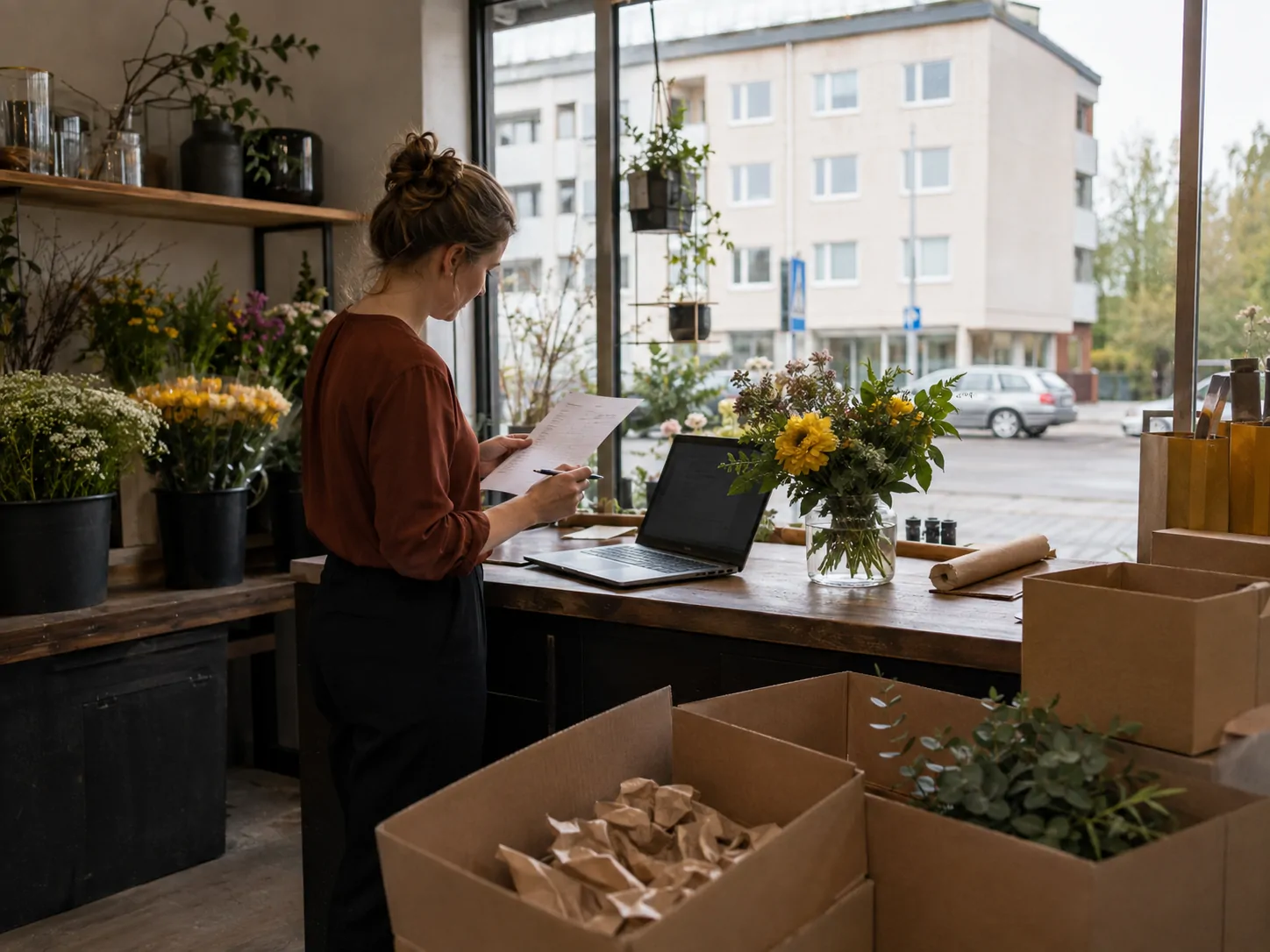 Kukkakaupan yrittäjä tarkastelee asiakirjaa tietokoneen äärellä.